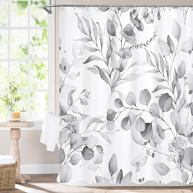MitoVilla Grey Spring Floral Shower Curtain, Modern Plants Botanical Fabric Cloth Shower Curtains for Chic Elegant Bathroom Decor, Summer Watercolor Eucalyptus Leaf, 72x72