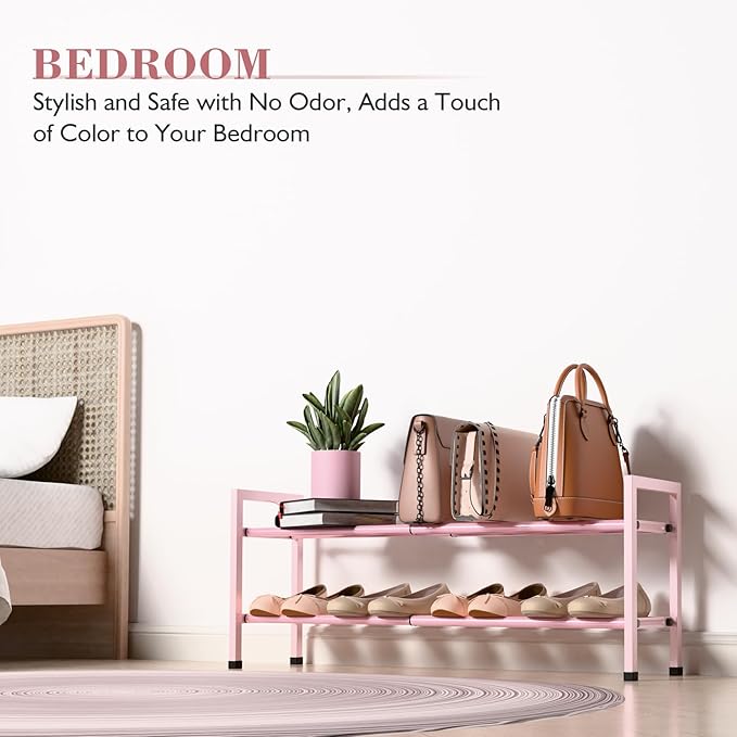 Bumusty 2-Tier Expandable Shoe Rack for Closet, 18“-33” Adjustable Shoe Rack for Small Space, Small Shoe Organizer for Front Door, Sturdy Metal, Pink