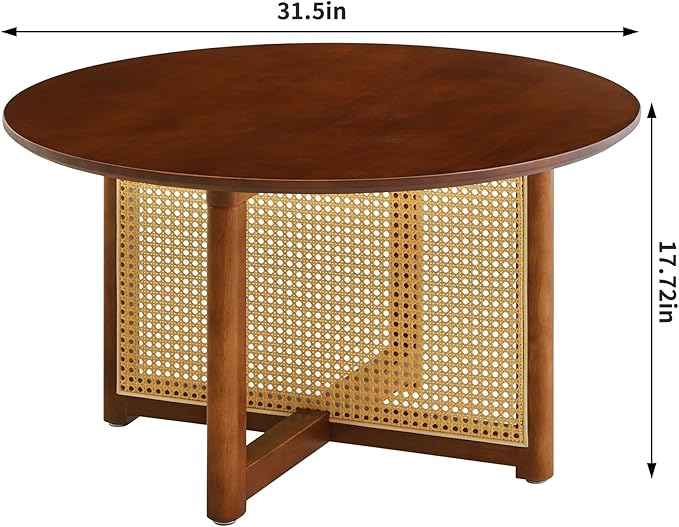 Small Round Coffee Table – 31.5" Solid Wood & Rattan Coffee Table, Modern Rustic Accent Table for Living Room, Boho Style, Walnut
