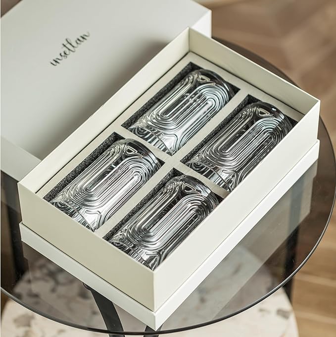 INSETLAN Vintage Art Deco Glassware | Glass Cups Set of 4 | 14 Oz Thick Bottom Cocktail Glasses, Highball Glass Fabulous Box, Embossed Ripple Glassware, for Water, Wine, Juice, Mixed Drinkware