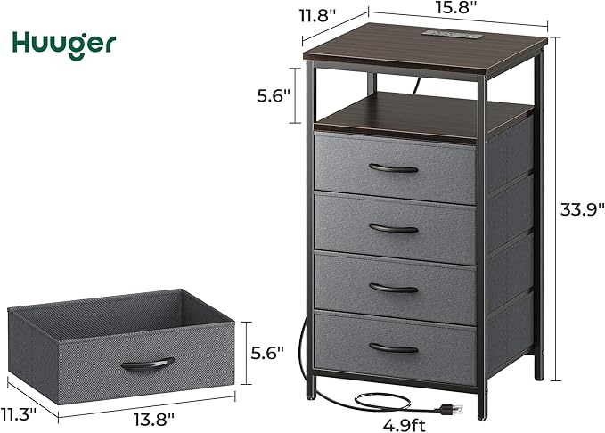 Huuger Night Stand with Charging Station, 4 Drawer Dresser for Bedroom, Bedside Table, 33.9 Inch Tall Nightstand with Open Shelf, End Table, for Closet, Entryway, Bedroom, Walnut