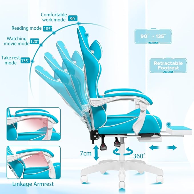 HOFFREE Massage Gaming Chair for Kids Computer Gamer Chair with Footrest and Lumbar Support Reclining PC Game Chair with Headrest for Gaming Room Light Blue and White