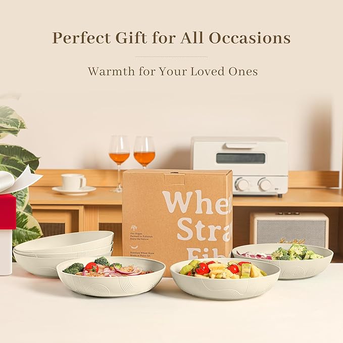 Homienly 65 oz Large Salad Bowls Wheat Straw Big Bowls 10 inch Serving Bowls Wheat Straw Plates Bowls Set of 6 Wide and Shallow Bowls for Kitchen Dishwasher Safe-Beige