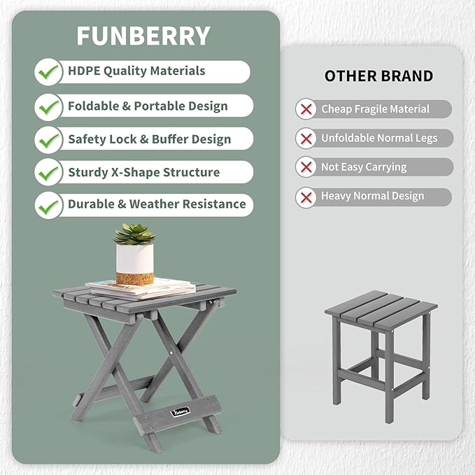 FUNBERRY Outdoor Folding Adirondack Side Table, Portable No Assembly Patio End Table HDPE All Weather