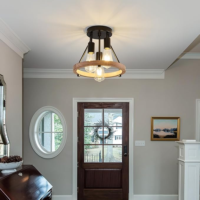 3-Light Wood Semi Flush Mount Ceiling Light Fixture Metal Rustic Ceiling Light Industrial Farmhouse Chandelier for Hallway Entryway Bedroom Kitchen Foyer Passway Balcony