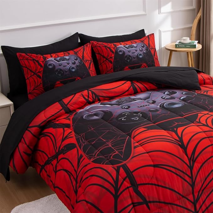 NTBED Game Console Comforter Set for Boys Girls Kids Spider Web GamingLightweight Microfiber Gamer Bedding Sets (Red, Full 5Pcs)