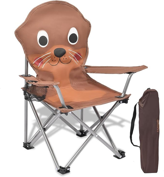 XMT Kids Folding Chair with Cup Holder - Portable Lightweight Outdoor & Indoor Chair for Children Ages 3-9, Anti-Slip Base, Sturdy Metal Frame, Compact Foldable Design with Carry Bag (Yellow/Brown)