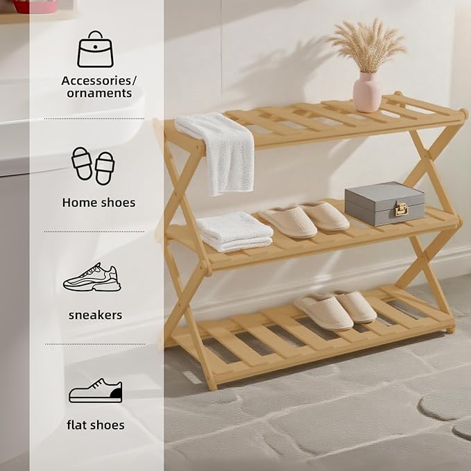 3-Tier Bamboo Shoe Rack, Foldable Shoe Storage Organizer for Closet, Bedroom, Entryway & Living Room - Portable No-Assembly Design, Space-Saving for Shoes & Accessories(3 Tier) (Wood)