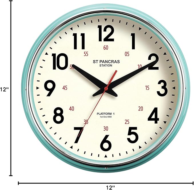 Wall Clock Metal 12.4" Vintage Retro Wall Clocks Countryside Style Silent Non Ticking Easy to Read for Living Room, Kitchen, Bedroom, Office, Bar(12.4" Teal)