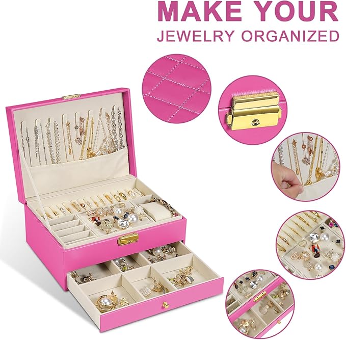 2-Layer Jewelry Box for women, jewelry organizers and storage with Removable Jewelry Tray, vintage quilted top Lockable Jewelry Holder Gift Idea Rose Red