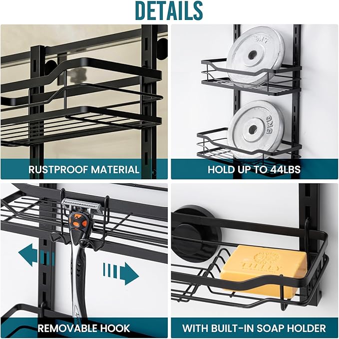 TAILI Hanging Shower Caddy Over The Door Adjustable Hanging Organizer Rack with Hooks, Sturdy Rust Proof Shower Organizer Shelf Basket Storage Rack, No Drilling
