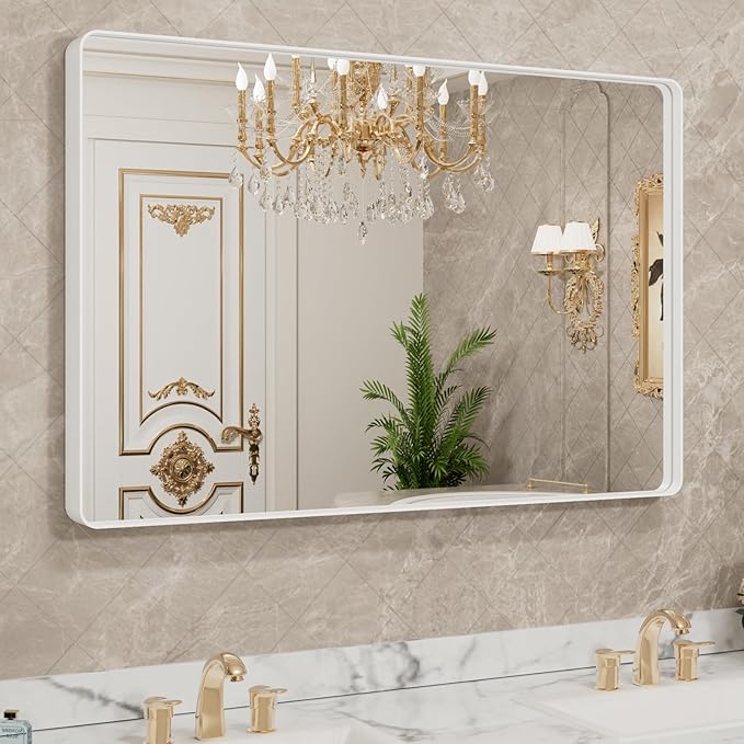 LOAAO 40x32 Inch White Metal Framed Bathroom Mirror for Wall, White Bathroom Vanity Mirror Farmhouse, Large Rounded Rectangle Mirror, Anti-Rust, Tempered Glass, Hangs Horizontally or Vertically