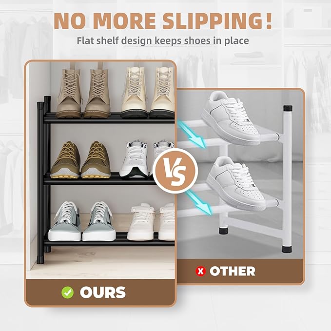 STORAGE MANIAC Long Expandable Shoe Rack, 18 Pairs Metal Wide Stackable Shoe Rack, Adjustable Shoes Shelf, Freestanding Shoes Organizer for Closet, Entryway, Hallway, Garage, Front Door, 3 Tiers