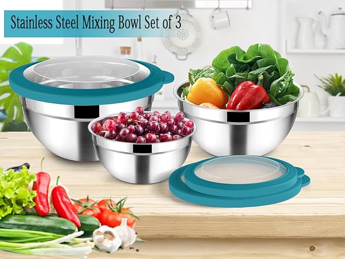 TeamFar Mixing Bowl Set, 4.5/3/1.5 QT Stainless Steel Nesting Salad Bowls with Airtight Lids, For Serving/Mixing/Storing/Prepping, Non-Toxic & Sturdy, Visible & Easy Clean, Dark Blue, Set of 3