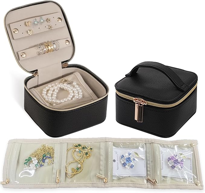PU Leather Travel Jewelry Organizer Case with 4 Pouches & Handle, Anti-Tangle Storage Box for Necklace, Earrings, Rings, Compact Jewelry Box for Women Gift (Black)