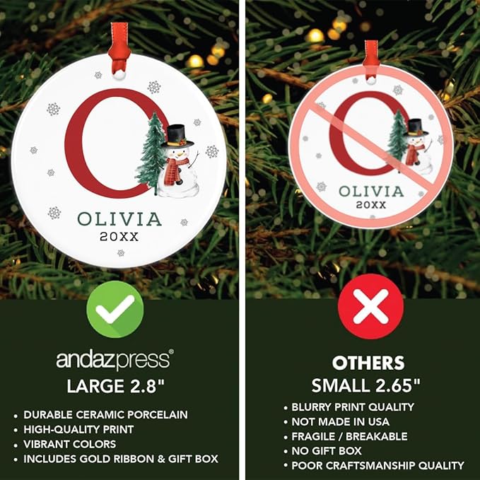 Andaz Press Personalized Christmas Ornaments, Custom Name, Initial O Monogram Snowman 2.8" Ceramic Porcelain 2025 Christmas Ornament Keepsake for Kids, Boys, Girls, 1-Pack Initial Ornaments