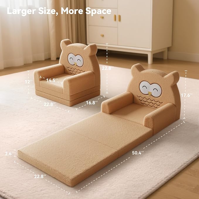 Toddler Couch, 3-Fold Convertible Kids Couch with Cute Owl Design, Fold Out Toddler Chair for 1-3 Years Old, Soft Baby Sofa Bed for Playroom, Washable Cover
