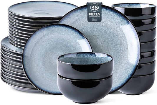 LERATIO Ceramic Dinnerware Sets for 12, 36 Pieces Plates and Bowls Sets,Reactive Glaze Dishes -Scratch Resistant, Dishwasher&Microwave Safe&Oven Safe
