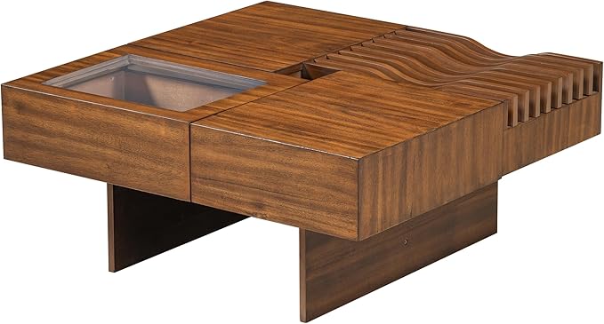 WILLIAMSPACE 33" Square Coffee Table with 3 Drawers, Modern Unique Wooden Center Table with Tempered Glass and Solid Wood Legs, Storage Accent Side End Table for Living Room Apartment, Walnut