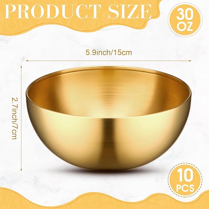 Nuogo 10 Pcs Stainless Steel Mixing Bowls Decorative Esthetician Bowls for Wedding Party Baking Prepping Serving Facial Food Salad Fruit Snack Soup Cereal(5.9 Inch,Gold)
