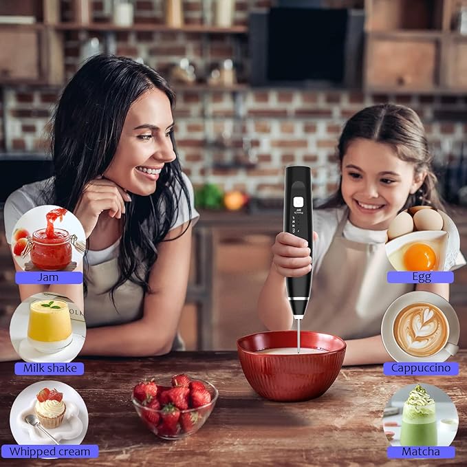 Milk Frother Handheld Foam Maker with 2 Stainless Stirring Head 3 Speed Rechargeable Electric Blender Milk Frother Wand Drink Mixer for Cappuccino Matcha Latte Hot Chocolate Protein Powder Egg (Black)