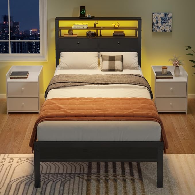 Furnulem Twin Bed Frames with Charging Station and LED Lights, Wood Headboard with 2 Fabric Drawers and Storage Shelves, Twin Size Platform Bed with Metal Slats, No Box Spring Needed, Black Oak
