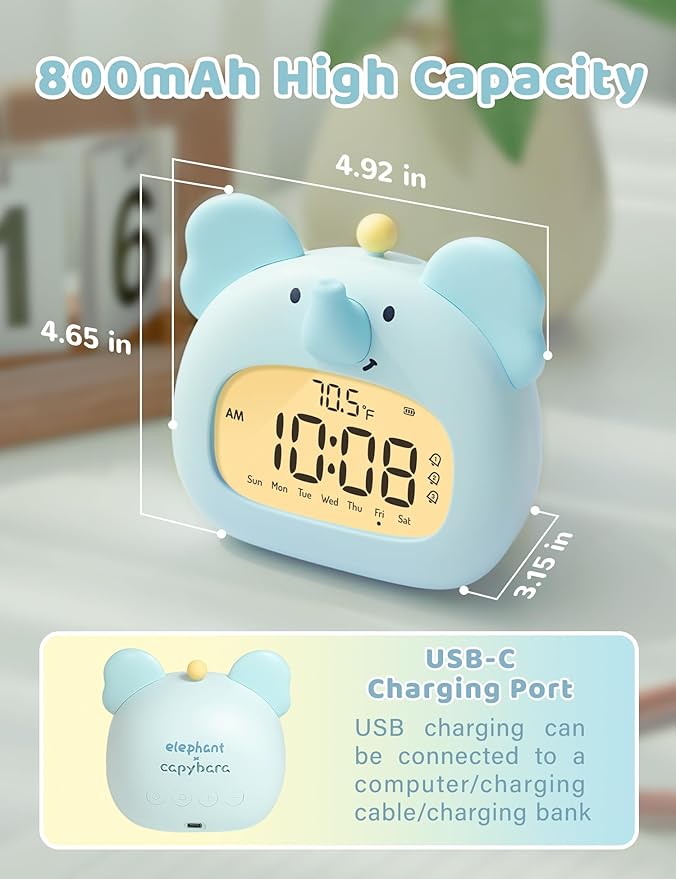Elephant Alarm Clock for Kids Bedroom, Blue Elephant Animals Clock with Night Light, Adjustable Dimming, 3 Alarms, Loud, Timer, Boys Alarm Clocks Gift
