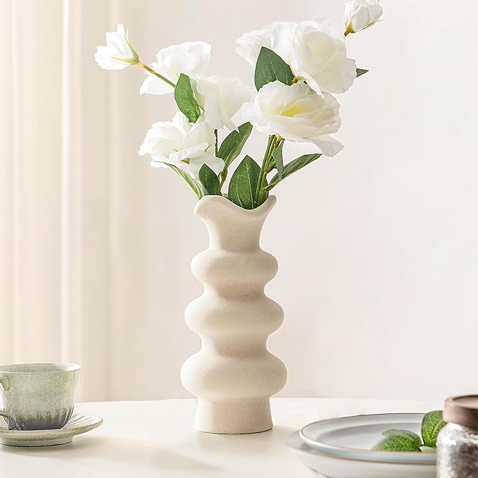 Modern Decorative White Ceramic Vases for Home Decor 8.3 Inch, Minimalist Boho Flower Aesthetic Cream Vase for Pampas Grass