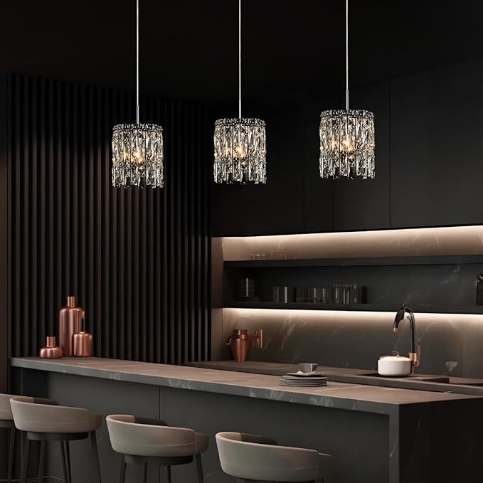 Modern K9 Crystal Pendant Lights Kitchen Island Set of 3,Chrome Chandeliers for Dining Room Light Fixtures Over Table,Hanging Lighting for Kitchen Island Entryway Bathroom BedHead Bedroom