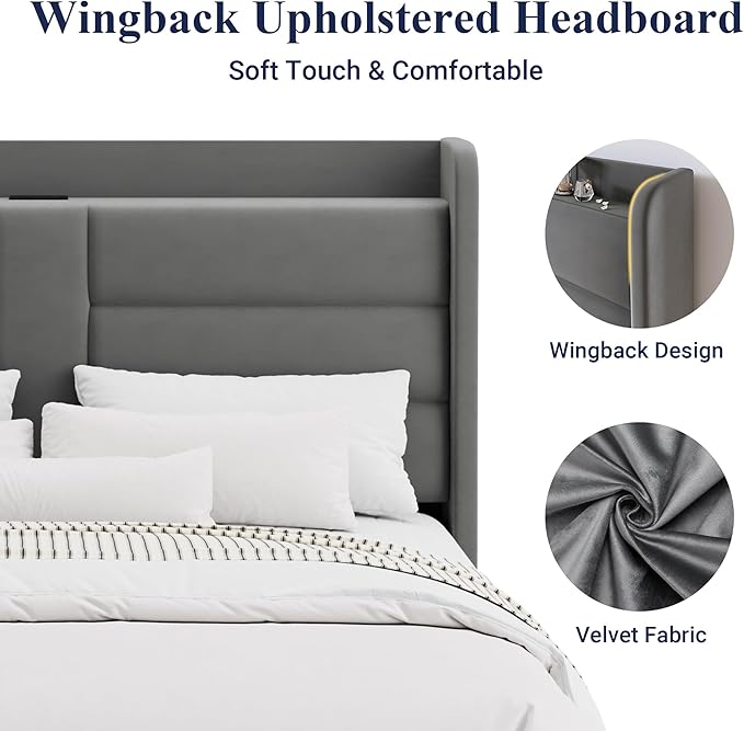 Allewie King Size Platform Bed Frame with Charging Station & Storage Headboard, Upholstered Velvet Wingback Design & USB Port, Strong Wooden Slats Support, No Box Spring Needed, Easy Assembly, Grey