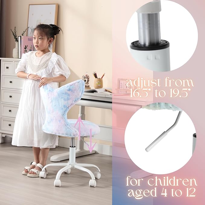 Fuzzy Desk Chair, Cute Swivel Children Desk Chair with Wheels for Kids Bedroom Upholstered Rolling Study Chair Adjustable Computer Chair Mermaid Back Vanity Chair for Teen Girls Boys, Blue Colorful