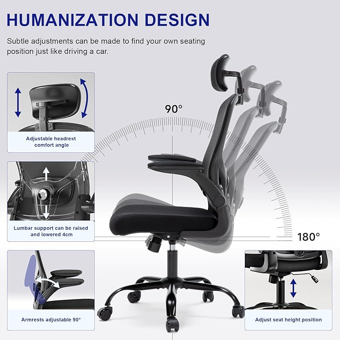 Multi-Adjustable Ergonomic Office Chair, Study Chair, Summer Mesh Comfortable High Back Chair, Headrest, Lumbar Support, Armrest, Seat Height.（Black）