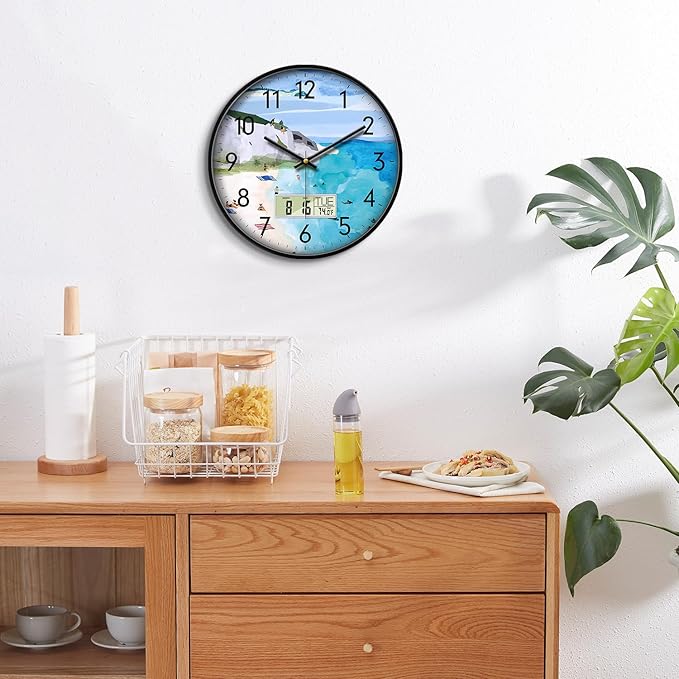 Silent Wall Clock with Temperature Day and Date Blue Mountain and Sea Beach Non-ticking Kitchen Clock Digital Large Display Battery Operated Clocks Decor for Bathroom Living Room Office 12 Inch