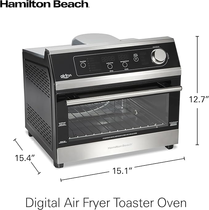 Hamilton Beach Digital Air Fryer Toaster Oven Combo, 10 Ways to Cook, 4 Preset Functions, Stay On & 1800 Watts, LED Capacitive-Touch Controls, 2 Rack Positions, Fits 12” Pizza, Black & Stainless Steel