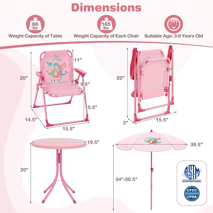 Costzon Kids Picnic Table, Kids Outdoor Table with 2 Folding Chairs, Height Adjustable Umbrella, Portable Children Outdoor Furniture for Patio, Garden, Backyard (Pink)
