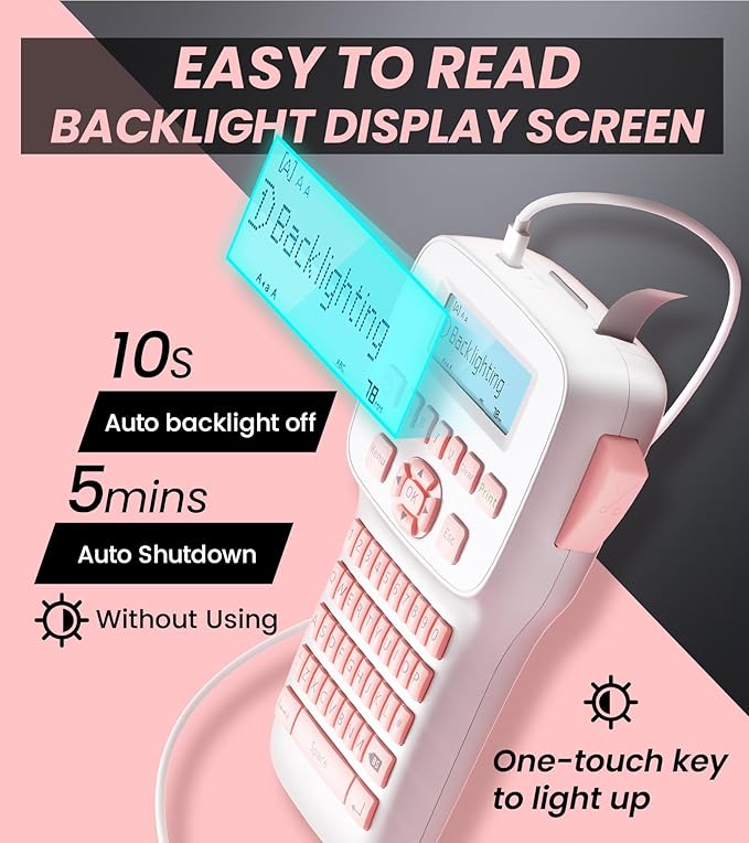 Pink Label Maker, Rechargeable Label Makers with Keyboard, Handheld Label Maker Machine with Bluetooth Backlit Large Display LM1600, Portable Labeler for Home & Office Organization School Kids