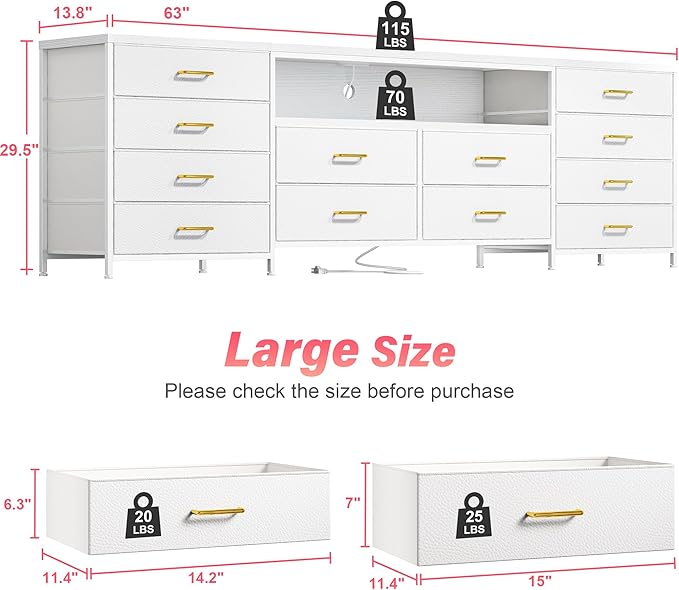 Fits 65,70 inch TV Stand Dresser 63" W TV Entertainment Center for Bedroom with LED Lights & Power Outlets 12 Long Fabric Dresser for Bedroom, Hallway or Closets White