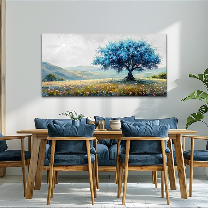 FUHAIHUA Large Wall Decor For Living Room Canvas Wall Art For Office Modern Wall Decorations For Bedroom Pastoral Landscape Painting Blue Tree Pictures Artwork Room Aesthetic Home Decor 24x48 In