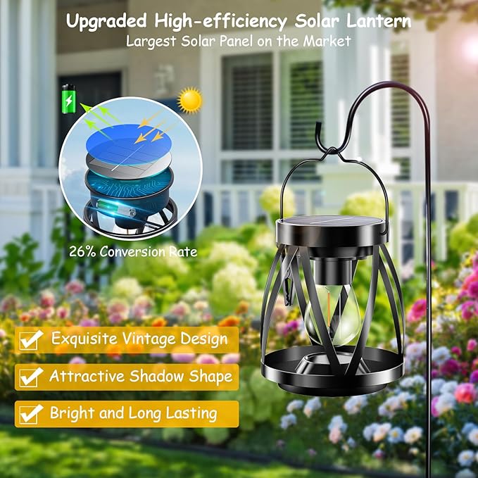 GARPAR Solar Lanterns Lights Outdoor Waterproof, Upgraded Metal Outdoor Lantern, Brighter Auto On/Off 18H Hanging Solar Lights for Outside Garden Yard Patio Porch Decor, Gift for Mom, 2 Pack