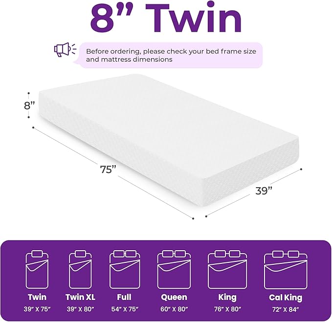 GAESTE 8 Inch Twin Cooling Gel Memory Foam Mattress for Cool Sleep Medium Firm CertiPUR-US Certified Foam, Mattress in a Box Pressure Relief Removable Cover No Fiberglass (Twin, 8 in)