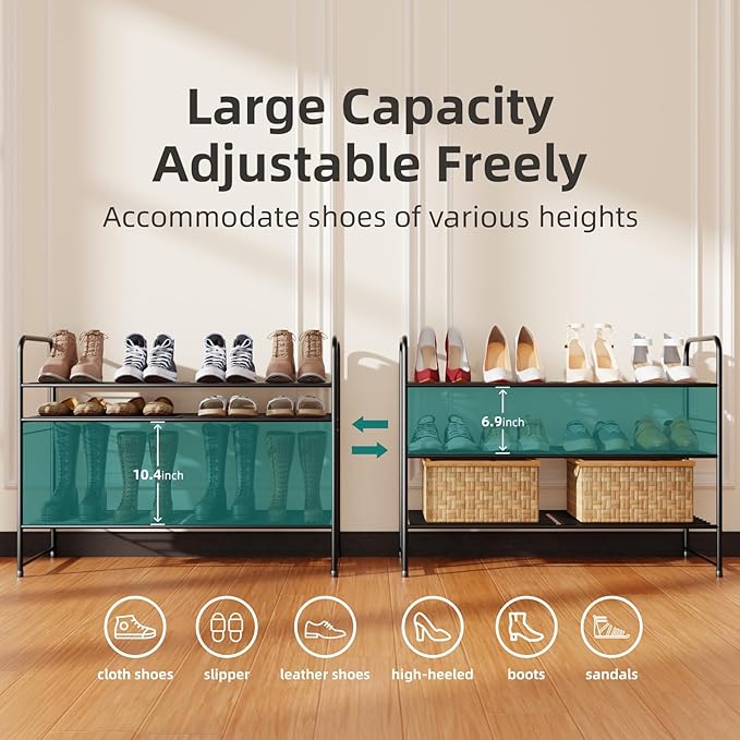 SUFAUY 3-Tier 33" Wide Shoe Rack, Closet Metal Shoe Rack Organizer Heavy Duty, Stackable, Black