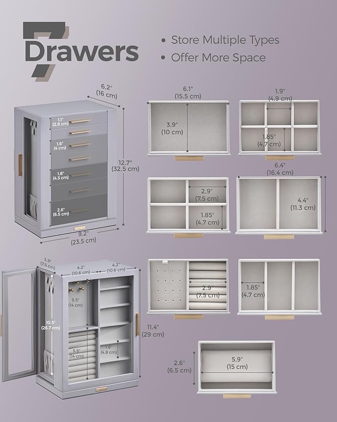 360° Rotating Jewelry Box with 7 Drawers, Spacious Vertical Jewelry Organizer with Glass Window, Jewelry Storage Case, Dustproof & Moisture-resistant Design, Grey