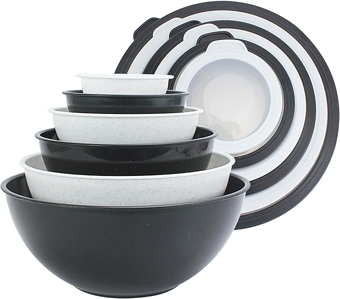 COOK WITH COLOR Mixing Bowls with TPR Lids - 12 Piece Plastic Nesting Bowls Set includes 6 Prep Bowls and 6 Lids, Microwave Safe Mixing Bowl Set (Black and White)