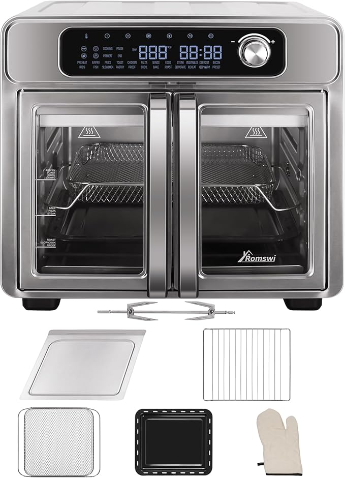 Extra Large French Door Air Fryer Toaster Oven Combo, 24 Cooking Functions and Digital Controls, 6 Accessories Included, Stainless Steel Finish, 26QT Capacity, Fits 12" Pizza, Rotisserie 6lb Chicken