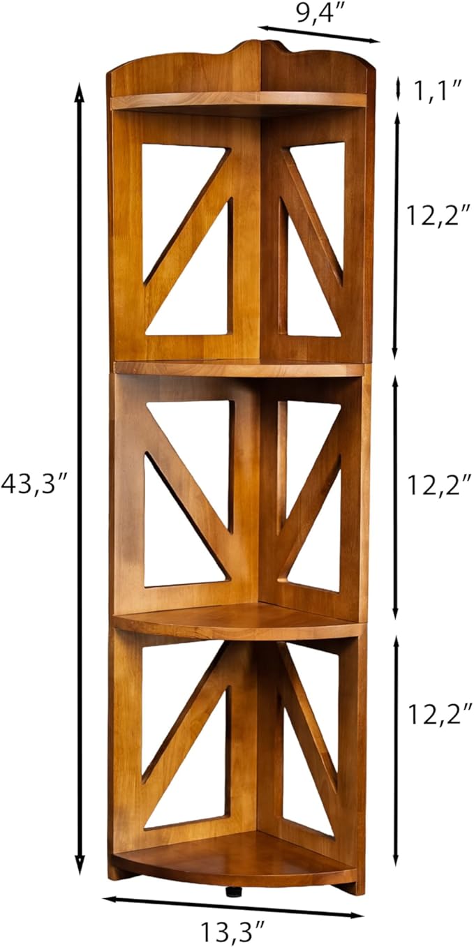 Corner Shelf Stand, Corner Bookshelf, Small Corner Shelves by Natural Wood, Plant Stand, Corner Bookcase for Living Room, Home Office, Bedroom, (Brown, 4 Tier)