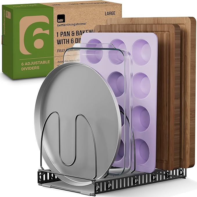 Compact Pan & Pot Lid Organizer Rack with 6 Adjustable Dividers | Steel Single Rack for Kitchen Cabinet, Drawer & Pantry – Deep U-Shaped Dividers, No Assembly Needed