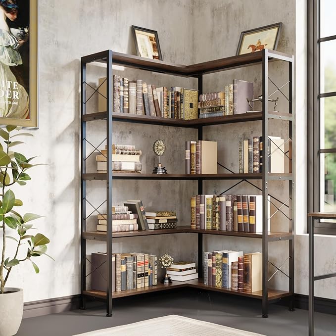 Corner Bookshelves and Bookcases Industrial Corner Etagere Bookcase L Shaped Shelf 5-Tiers with Metal Frame for Living Room Home Office