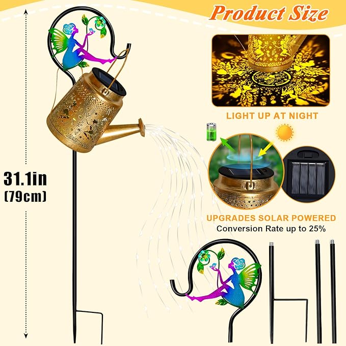 Solar Watering Can Lights Outdoor Garden Decor, Large Fairy Hanging Lantern with Shepherd Hook, Waterproof Garden Lights for Outdoor Landscape Pathway Yard, Mothers Day Gifts for Mom Grandma