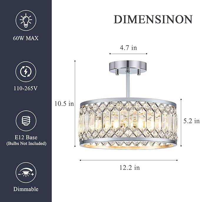 Crystal Chrome Ceiling Light, Modern Semi Flush Mount Ceiling Lighting Fixture, Round Hallway Lighting Fixtures Chandelier for Kitchen Entryway Bedroom Dining Room, 3-Light, 12.2 Inch