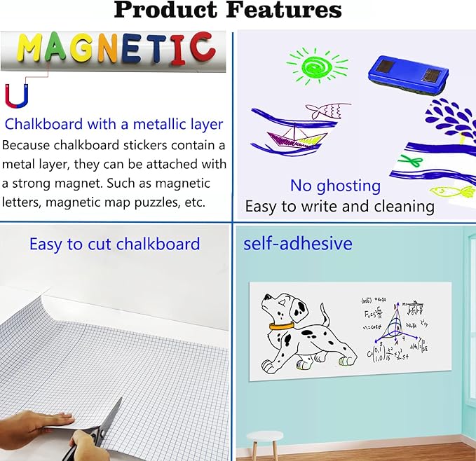 Magnetic Whiteboard Paper for Wall 46.3" x 18" Adhesive Magnetic Dry Erase White Board Sticker with 36 Magnet Letters 6 Markers for Kid Removable Peel and Stick Whiteboard Wallpaper Roll